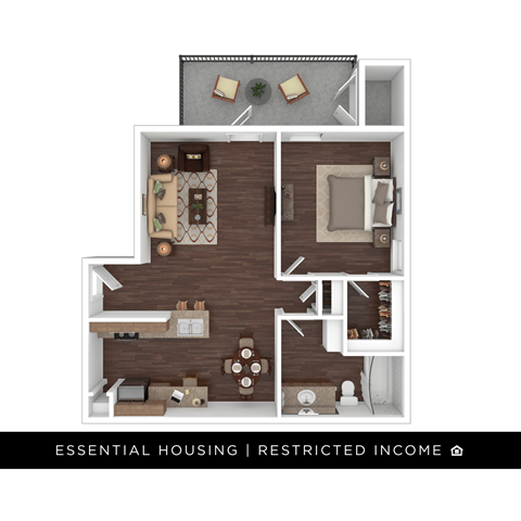 Floor plan for 1 bed, 1 bath, 735 sqft